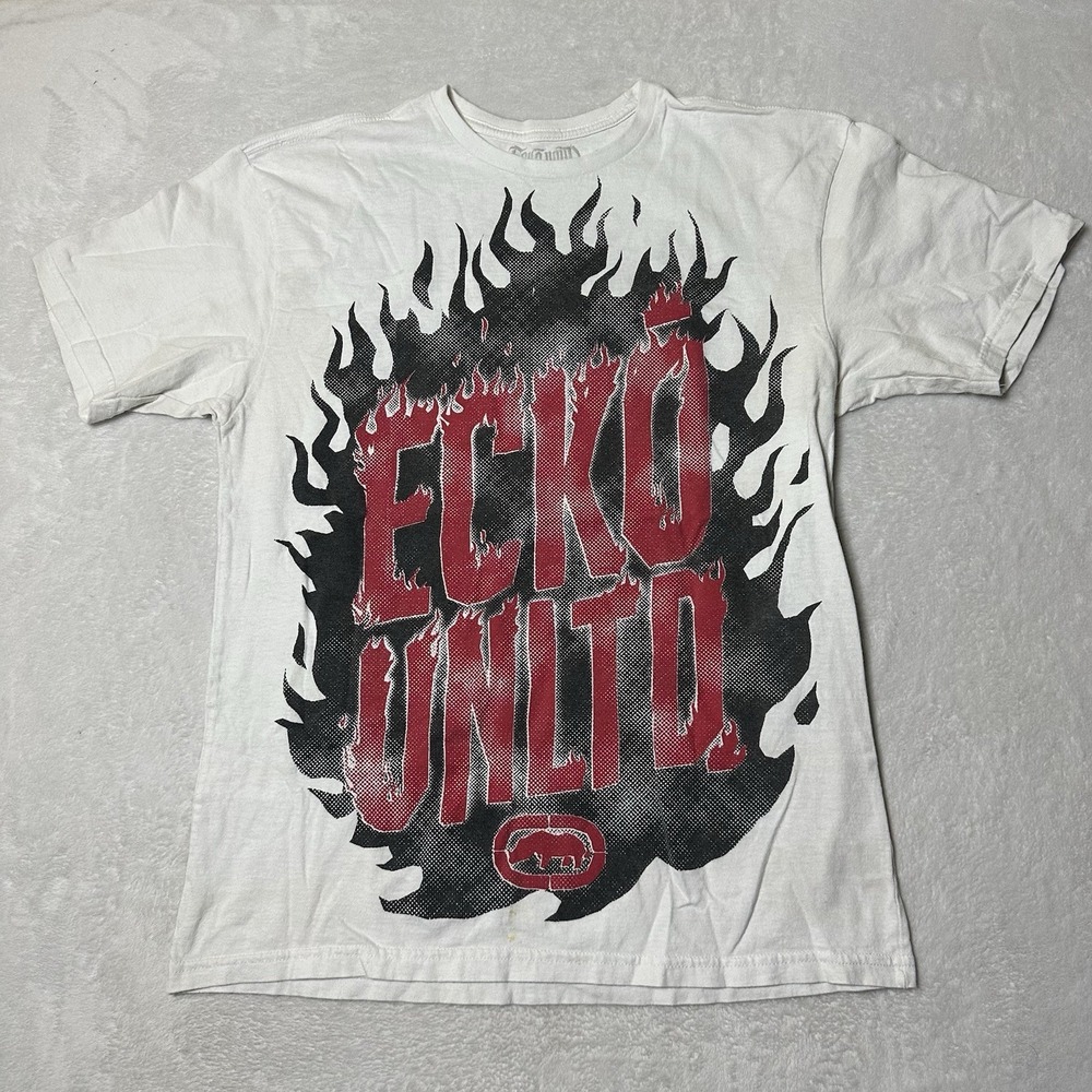 VTG Ecko Unltd MMA Shirt Mens Large White Red Flame Graphic Y2K Skater Grunge